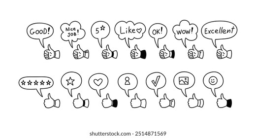 Expresiones positivas y burbujas de discurso. Pulgar hacia arriba lindo icono de línea doodle. Buen trabajo, excelente, cinco estrellas, wow, ok, como el texto. Evaluación de publicaciones en redes sociales. Seguidores emociones