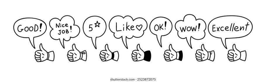 Bolhas de fala de expressões positivas. Ícone de rabisco de linha bonito. Bom trabalho, excelente, taxa de cinco estrelas, uau, ok, como texto. Avaliação pós-mídia nas redes sociais. Acompanhantes das emoções