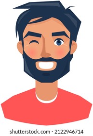 Positive face expression of young man. Guy with emotion of happiness, joy. Cheerful, joyful face of male character. Happy smiling male vector illustration. Expressing human emotion concept