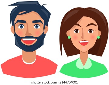 Positive face expression of young man. Girl with emotion of happiness, joy. Cheerful, joyful face of people character. Happy smiling family vector illustration. Expressing human emotion concept