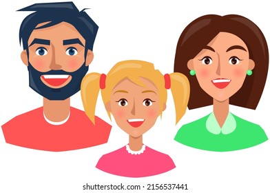Positive face expression of young man. Girl with emotion of happiness, joy. Cheerful, joyful face of people character. Happy smiling family vector illustration. Expressing human emotion concept
