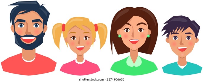 Positive face expression of young man. Girl with emotion of happiness, joy. Cheerful, joyful face of people character. Happy smiling family vector illustration. Expressing human emotion concept