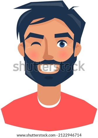 Positive face expression of young man. Guy with emotion of happiness, joy. Cheerful, joyful face of male character. Happy smiling male vector illustration. Expressing human emotion concept