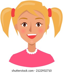Positive face expression of young woman. Girl with emotion of happiness, joy. Cheerful, joyful face of female character. Happy smiling lady vector illustration. Expressing human emotion concept