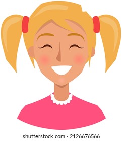 Positive face expression of young woman. Girl with emotion of happiness, joy. Cheerful, joyful face of female character. Happy smiling lady vector illustration. Expressing human emotion concept