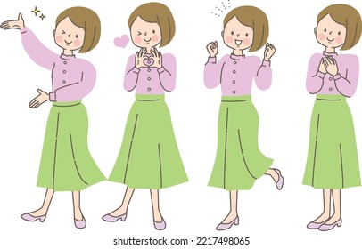 Positive facial expressions set of energetic woman_Full body