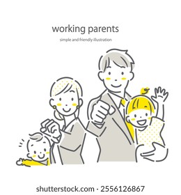 A positive family working together to raise children - simple and stylish line drawing illustration