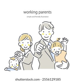 A positive family working together to raise children - simple and stylish line drawing illustration