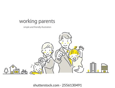 A positive family working together to raise children - simple and stylish line drawing illustration