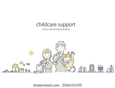 A positive family working together to raise children - simple and stylish line drawing illustration