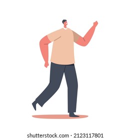 Hombre de moda positivo caminando, Personaje de un solo hombre con camiseta marrón y pantalones negros aislados de fondo blanco. Persona atractiva con ropa moderna. Ilustración de vectores de personas de caricatura