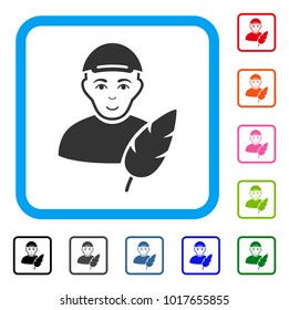 Positive Feather Writer vector pictograph. Human face has enjoy emotions. Black, gray, green, blue, red, pink color additional versions of feather writer symbol in a rounded rectangle.