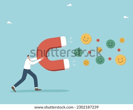 Positive feedback about the quality of products and service, high marks from customers, work for results, increasing your own rating, attracting positive emotions, a man with magnet attracts smileys.