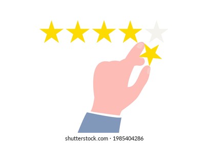 Concepto de retroalimentación positiva. la mano del cliente ofrece una calificación de cinco estrellas.