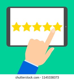 Positive feedback concept. Giving a 5 star for a best product. Rating feedback on the website. Idea of good experience and satisfaction. Flat vector illustration