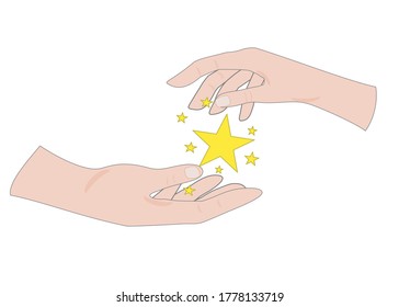 Positive feedback concept . There’s a hand giving stars to another one’s hand . Isolate on white background.