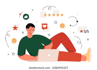 Positive feedback concept. Man with laptop puts five stars on products. Ranking and rating. Review from buyers and clients, marketing on Internet. Reactions and emoji. Cartoon flat vector illustration