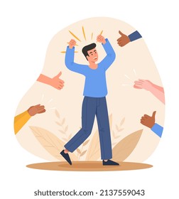 Positive feedback concept. Man rejoices against background of raised fingers. Endorsement, popular personality and appreciation. Graphic elements for website. Cartoon flat vector illustration