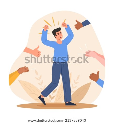 Positive feedback concept. Man rejoices against background of raised fingers. Endorsement, popular personality and appreciation. Graphic elements for website. Cartoon flat vector illustration