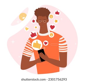 Positive feedback concept. Man with smartphone puts reactions in instant messengers and social networks. User watching interesting content on Internet. Cartoon flat vector illustration