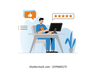 Positive feedback concept with people scene in the flat cartoon design. Blogger received positive feedback from his followers for his latest video. Vector illustration.