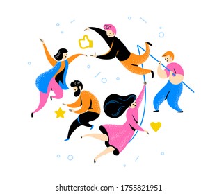 Positive feedback concept with tiny people and review star, thumb up, like icons isoltaed on white background. Vector flat illustration.