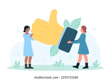 Positive feedback, customers satisfaction, evaluation and likes in social media vector illustration. Cartoon tiny people holding big hand with thumbs up gesture to approve and confirm experience