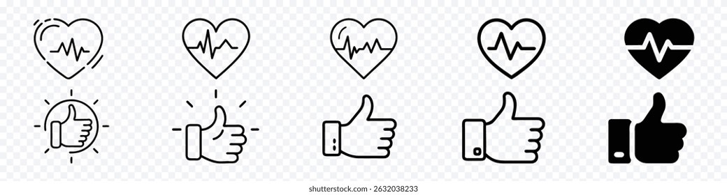  Positive Feedback and Health Monitoring Icon Set: Featuring Heartbeat Lines within Hearts for Vitality and Thumbs Up Gestures for Approval and Success – Ideal for Medical, Social Media