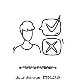 Positives Feedback-Symbol. Client-Avatar mit Sprachblasenlinearem Piktogramm wählen positive Bewertung. Konzept der Verbraucherkommunikation und des Publikums. Bearbeitbare Strich-Vektorgrafik für Marketing