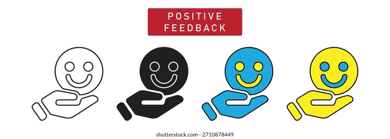 Ícone De Feedback Positivo: Mão Segurando Rosto Sorridente Feliz, Bom Símbolo De Avaliação De Serviço.