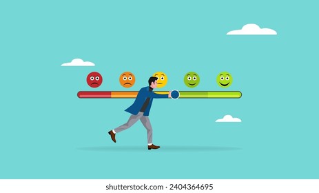 positive feedback illustration with the concept of man trying to push customer feedback bar to be excellent smile, man trying to push customer feedback bar to be excellent smile vector illustration