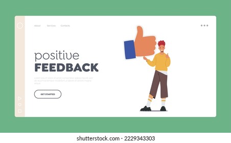 Positive Feedback Landing Page Template. Like At Social Media Network Community Concept. Female Character Follower Gives Like In Networks With Big Thumb Up Icon. Cartoon People Vector Illustration