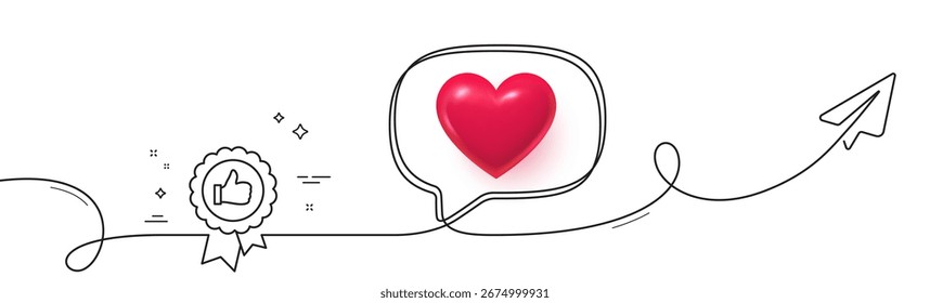 Icono de línea de Comentarios positivo. Línea continua con plano compartido. Símbolo de medalla de premio. Signo de recompensa. Corazón 3D en la burbuja del discurso. Cinta de una sola línea de Comentarios positivo. Patrón de curva de bucle. Vector