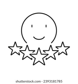 Positive Feedback Line Icon. Happy Emoticon Linear Pictogram. Five Stars Experience Outline Symbol. Customer Review, Client Satisfaction Sign. Editable Stroke. Isolated Vector Illustration.