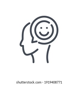 Positive feedback line icon. Head with chat message and happy face vector outline sign.