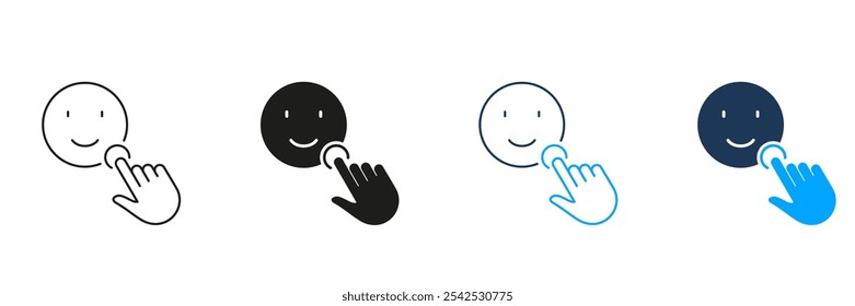 Línea de Comentarios positivo y conjunto de iconos de silueta. Hacer clic De Puntero En Un Pictograma De Emoticono De Cara Feliz. Símbolo de buena reseña del App de redes sociales. Trazo Editable. Ilustración vectorial aislada.