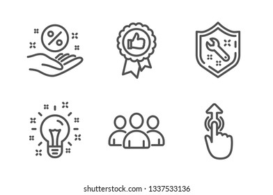 Positive feedback, Loan percent and Group icons simple set. Idea, Spanner and Swipe up signs. Award medal, Discount hand. Business set. Line positive feedback icon. Editable stroke. Vector