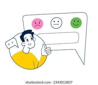 Positive feedback, man gives good review in social media, person chooses between positive and negative rating on scale, abstract pop-up window with comment form, Young man writing a comment, vector