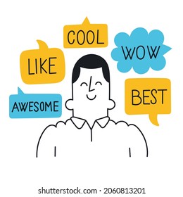 Positive feedback. Man surrounded by speech bubbles with positive feedback. Outline, linear, thin line, doodle art. Simple style with editable stroke.
