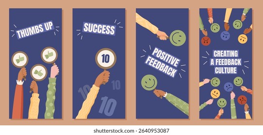 Positive feedback media stories set with cartoon hands. Review and survey concepts for customer satisfaction. Social media poster style, marketing and communication visuals, modern design.