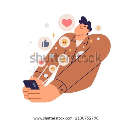 Positive feedback to post in social media. Person enjoying likes, thumb-ups, hearts, smiling emojis in internet. Happy man with mobile phone. Flat vector illustration isolated on white background