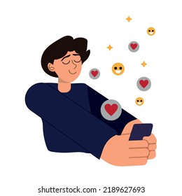 Positive feedback for posting on social media. Advertiser happy with the results of social networks. Flat vector illustration isolated on white background.