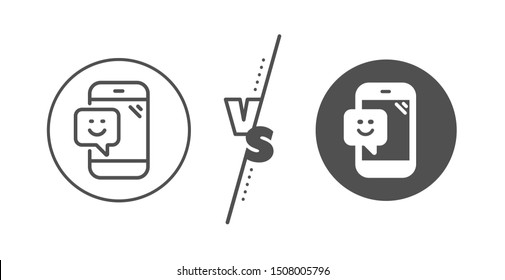 Positive feedback rating sign. Versus concept. Smile phone line icon. Customer satisfaction symbol. Line vs classic smile icon. Vector