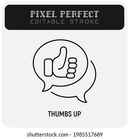 Positive feedback, review thin line icon. Speech bubble with thumbs up. Pixel perfect, editable stroke. Vector illustration.