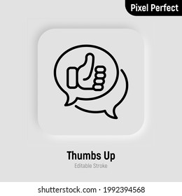 Positive feedback, review thin line icon. Speech bubble with thumbs up. Pixel perfect, editable stroke. Vector illustration.