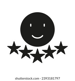 Positives Feedback Silhouette Symbol. Fünf Sterne Benutzer erleben Glyph Piktogramm. Herzlichen Glückwunsch Emoticon Solid Sign. Symbol für die Kundenüberprüfung. Kundenzufriedenheit. Einzelne Vektorgrafik.