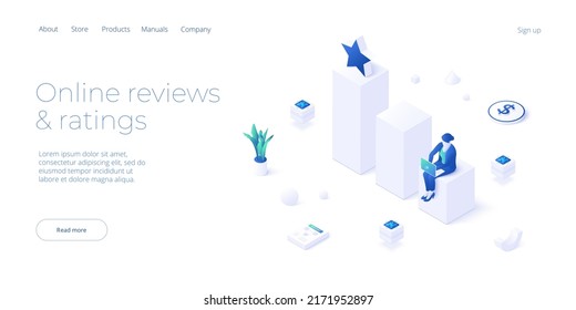 Positive feedback in social media. Customer survey as business marketing service. Modern isometric vector illustration design. Web banner layout template