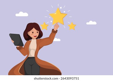 Positive Feedback and User Experience Success: Smiling Woman with a Tablet Giving a Five-Star Rating for Outstanding Satisfaction.