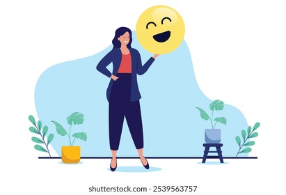 Comentarios positivo en el trabajo: mujer o mujer de negocios de pie con emoji de cara sonriente en la mano con actitud feliz sintiendo motivación y aliento en el trabajo. Ilustración vectorial de diseño plano