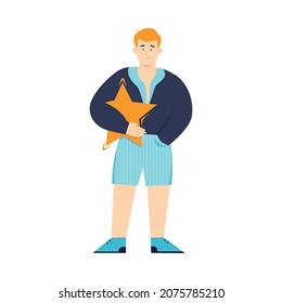 Realimentación positiva - joven portando una estrella de gran calificación, esbozando ilustración vectorial aislada en fondo blanco. Tasa de éxito del negocio y satisfacción de los clientes.